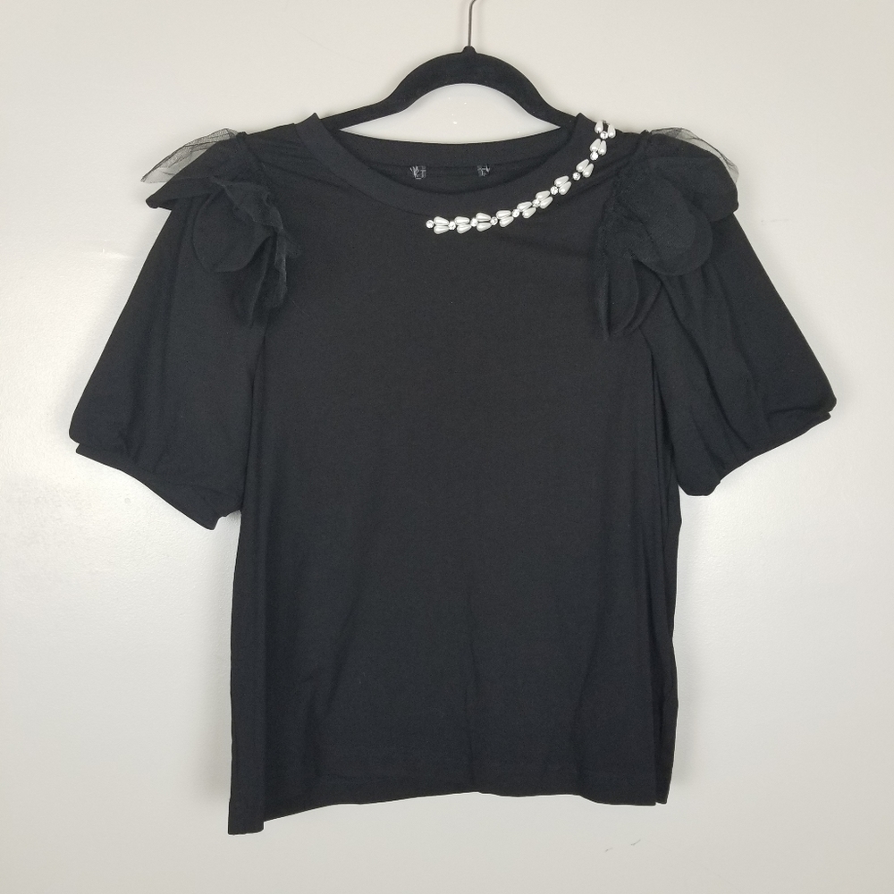 Simone Rocha black cotton short sleeve embellished top, size 40, nwot